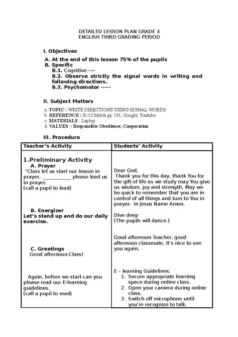 Detailed Lesson Plan for Grade 4 .